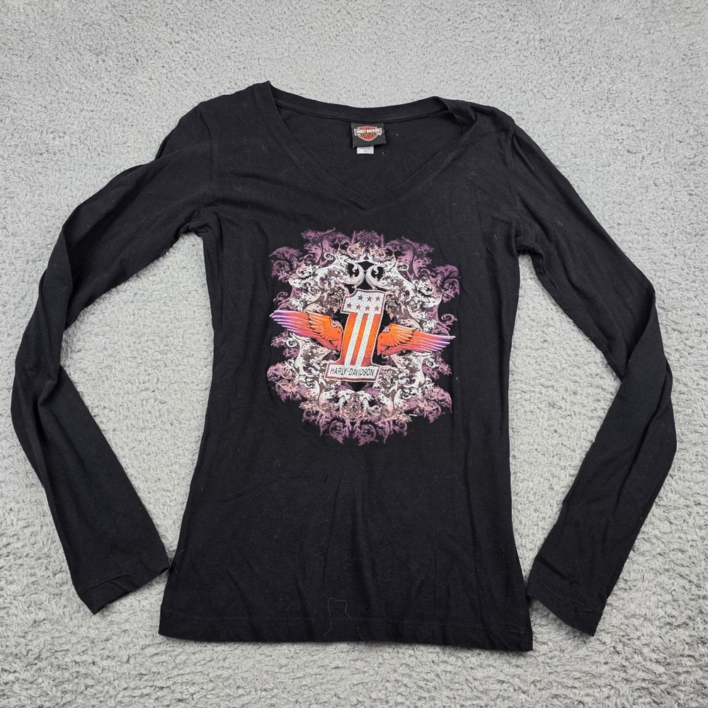 Harley Davidson Orlando Florida Long Sleeve V-Neck Graphic T-Shirt Black Small